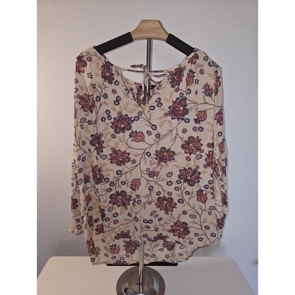 Chaps Women's Peasant Boho Top Size‎ 1X Tan With Floral -Item#128